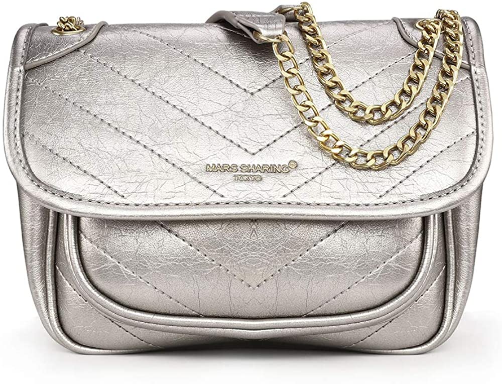 Price:$12.98 Women Crossbody Bags with Double Metal Chain Straps, Fashion PU Leather Shoulder Purses and Handbags, New Ways to Carry (Silver)  Handbags   