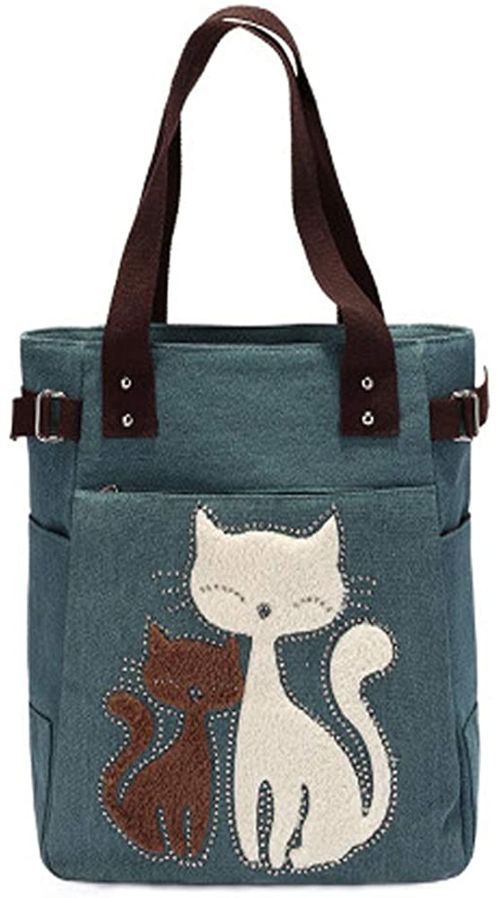 Price:$24.99 Women Canvas Handbag, Tote Shoulder Bag with Cute Cartoo Cat Printing Design for girl, Green, Medium  Handbags   