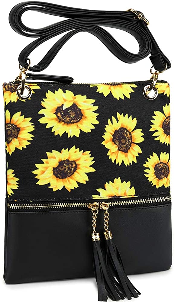 Price:$20.99 Girls Crossbody Purse Sunflower Shoulder Messenger Bag Women Canvas Handbag with Tassel (F01 Sun Flower/Black)  Handbags   