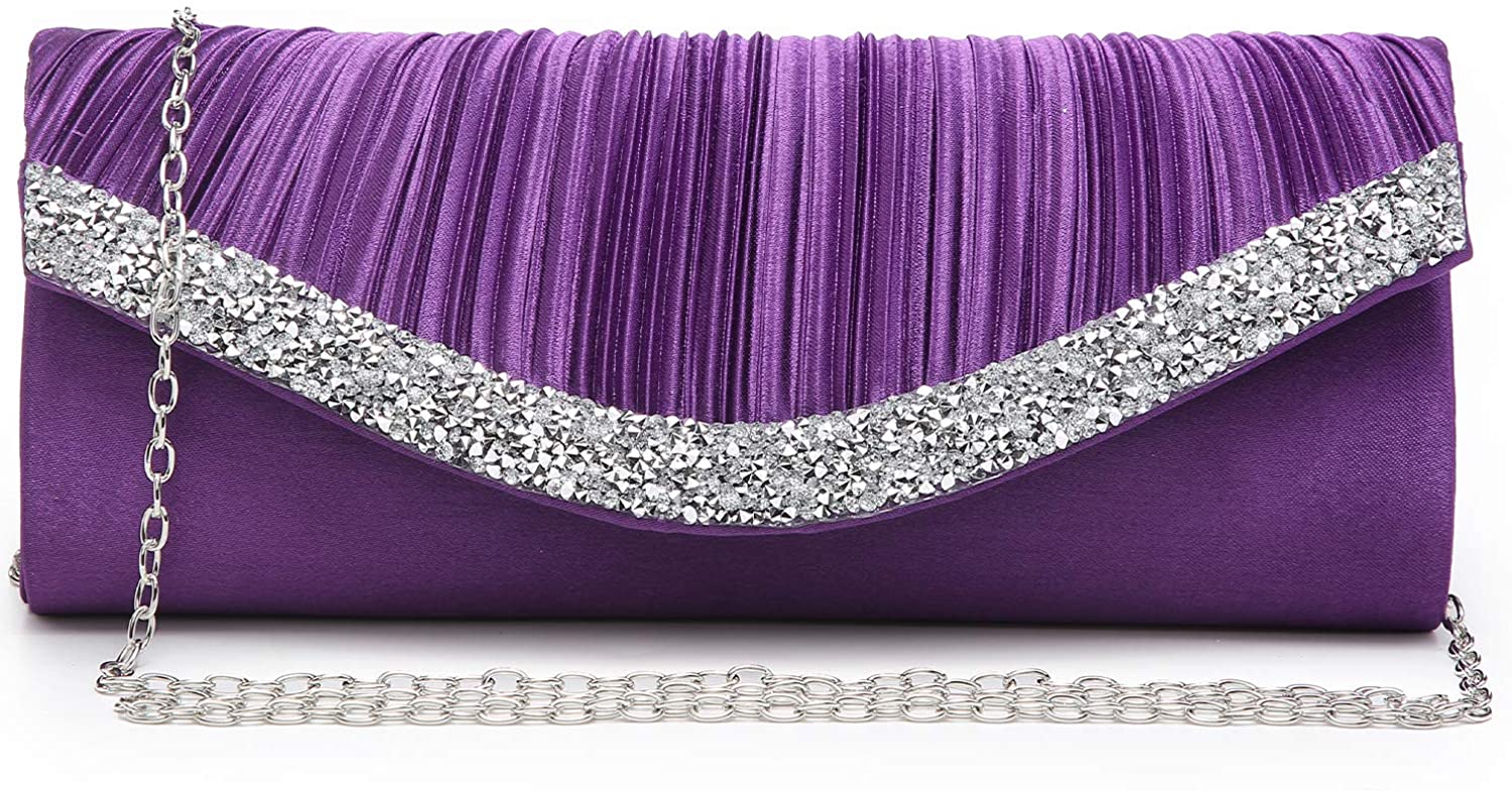 Price:$13.99 Dasein Women Satin Evening Bags Rhinestone Clutch Purses for Wedding Party Formal Dressy Handbag with Shoulder Chain Purple  Handbags   