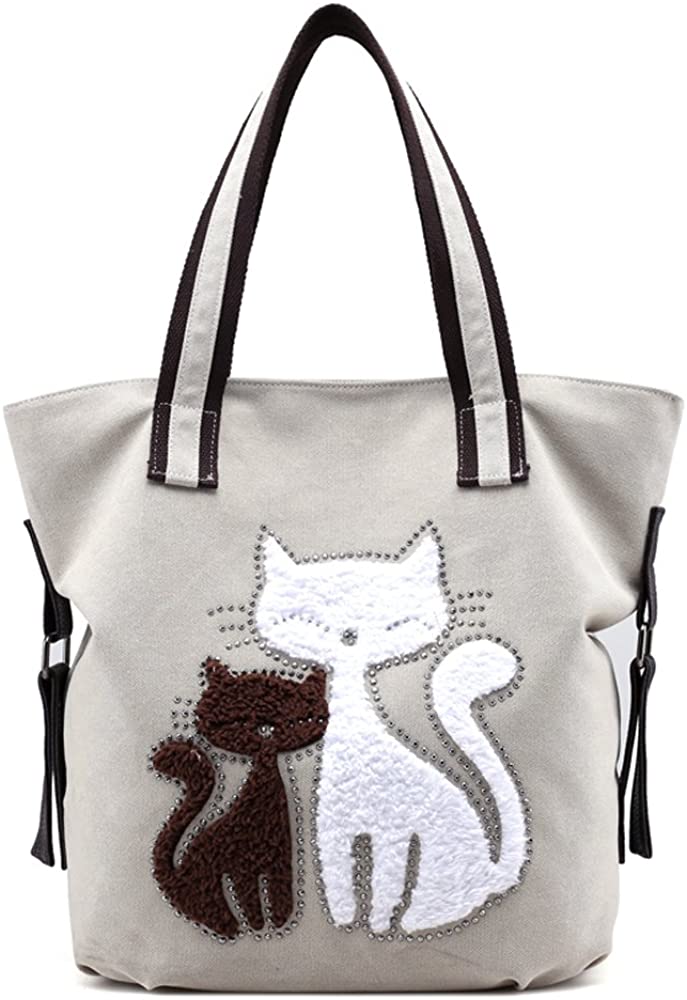 Price:$23.92    Hiigoo Lovely Canvas Cat Tote Bag Casual Handbag Shopping Bag Shoulder Bags Large Totes (Beige)  Clothing