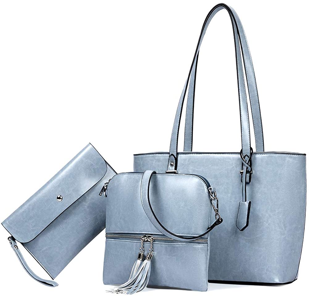 Price:$22.99    BROMEN Women Handbags Leather Tote Purses and Handbags Fashion Top Handle Shoulder Bag 3pcs Set Oil Wax Blue  Clothing