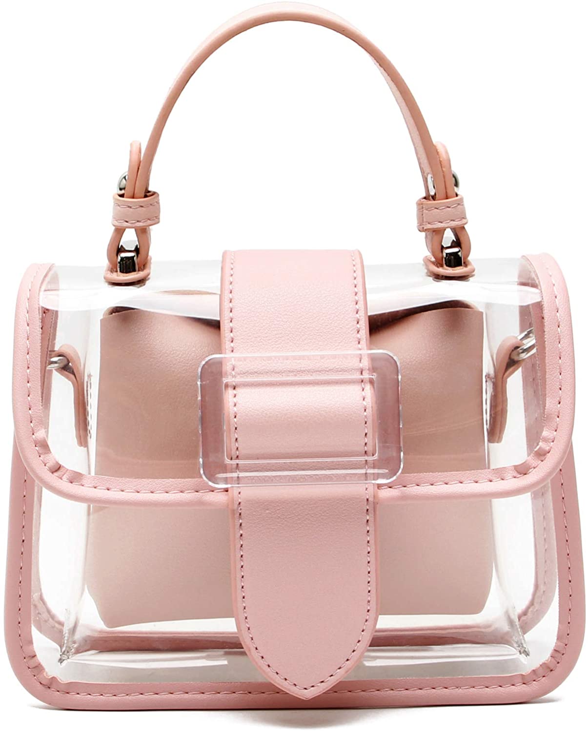 Price:$18.99 Women Clear Shoulder Bag Purse 2 in 1 Transparent Crossbody Messenger Bag Jelly Handbags Mini Clutch Casual Travel Pouch Waterproof College Cute Chain Bag for Women Grils Ladies, Pink  Handbags   
