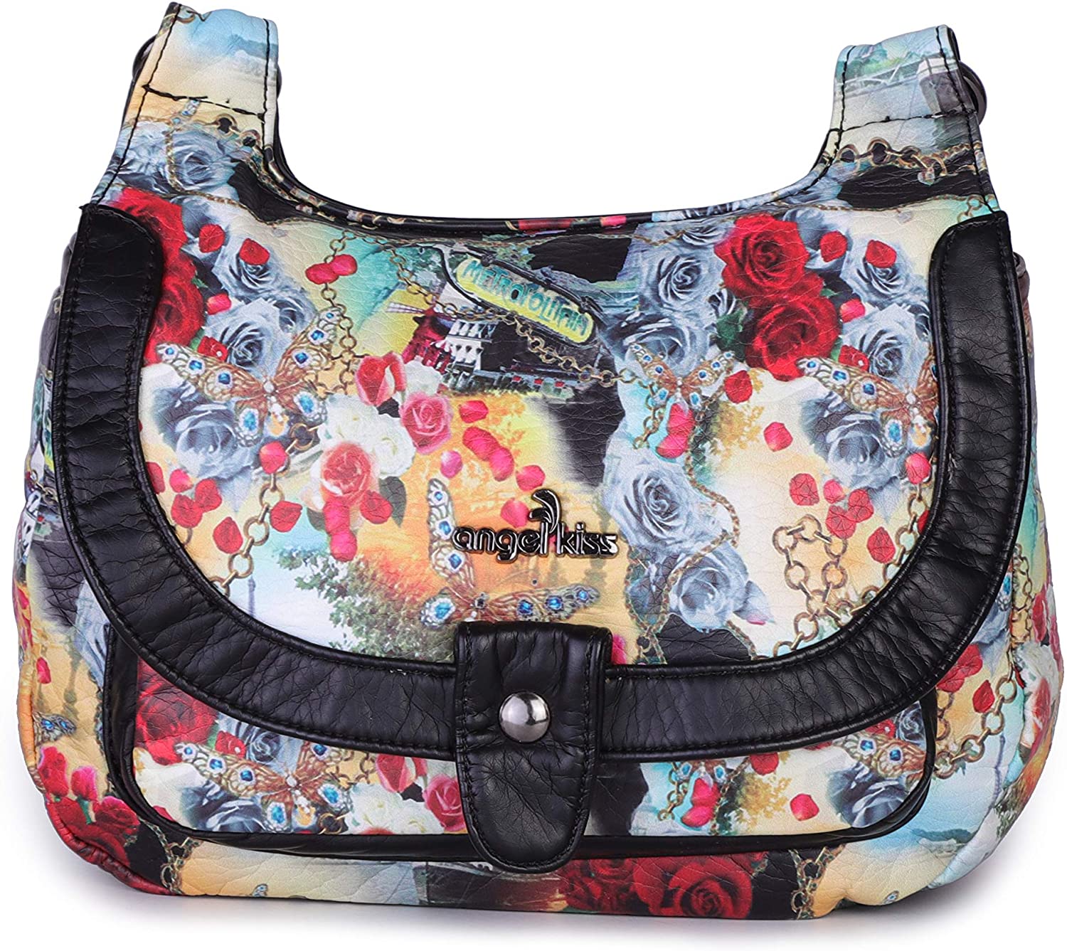 Price:$20.99 Angelkiss Leather Crossbody Bag Purse Wallet Bag For Women Pouch Lady Wallet with Shoulder Strap (Black-Flower)  Handbags   