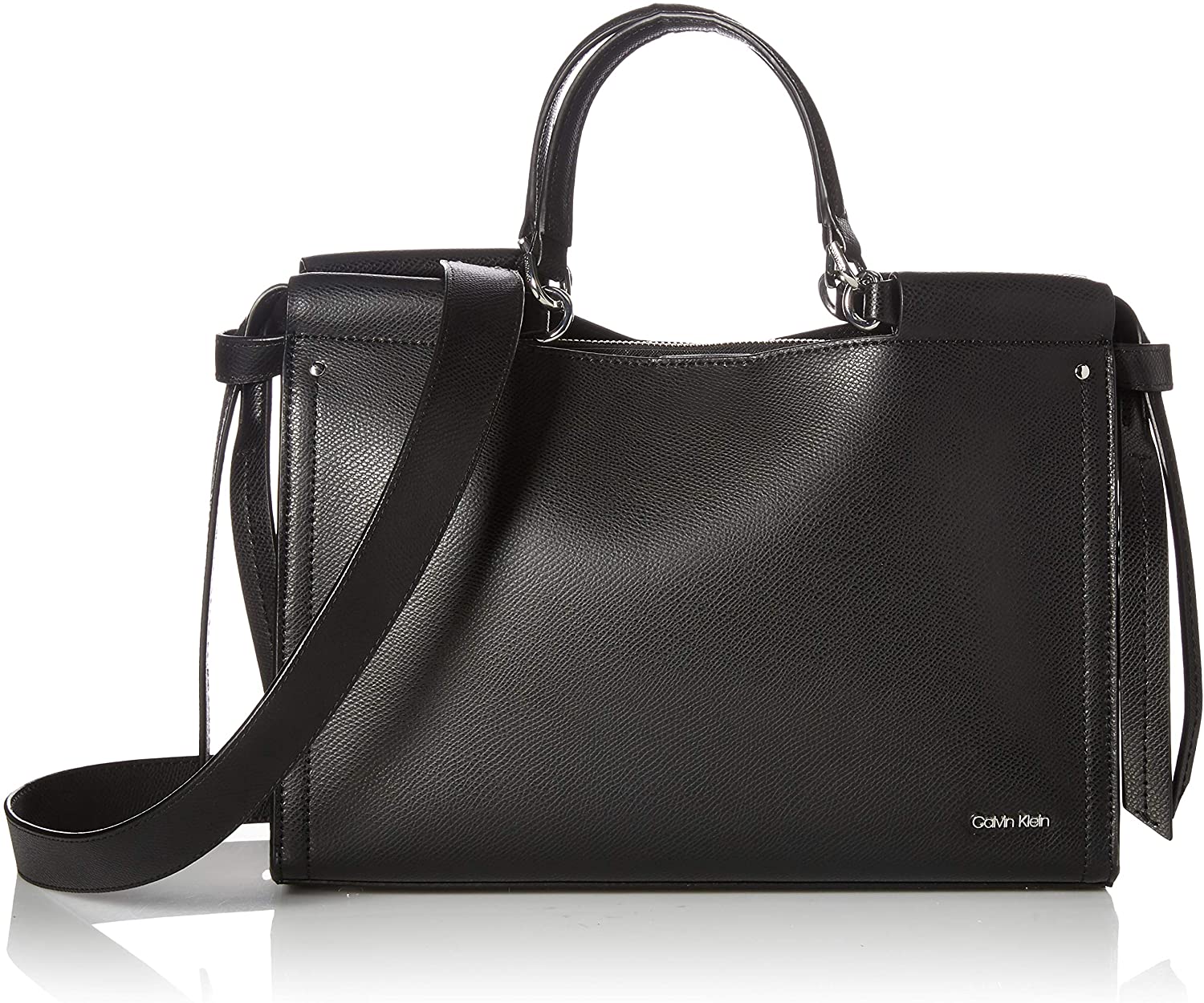 Price:$184.93    Calvin Klein Callie Crosshatch Leather Knotted Satchel, black/white  Clothing
