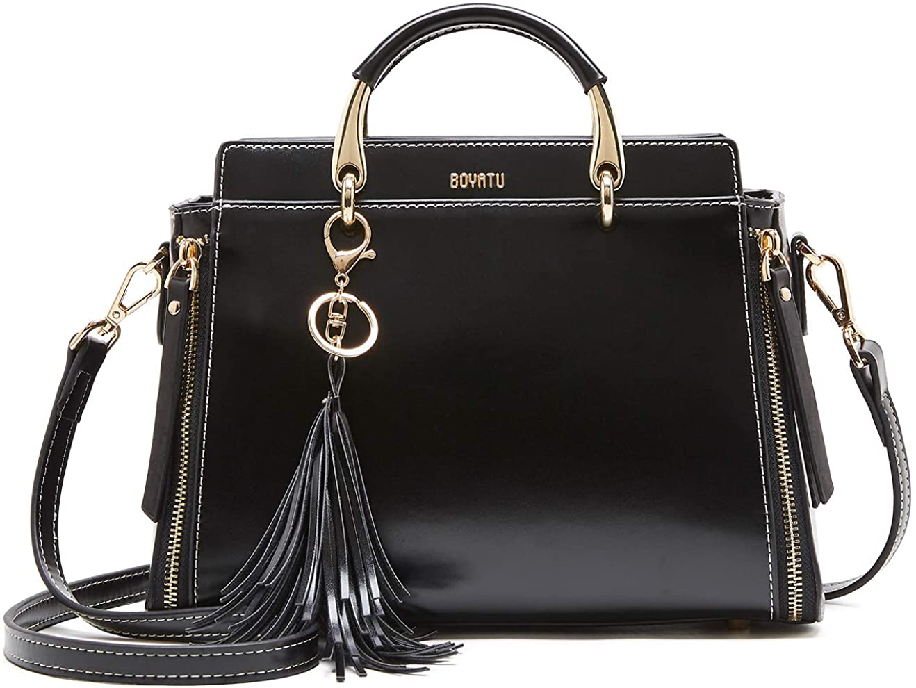 Price:$52.49    BOYATU Top Handle for Ladies Leather Handbags Tassel Work Tote Women Crossbody Shoulder Bag Black  Clothing