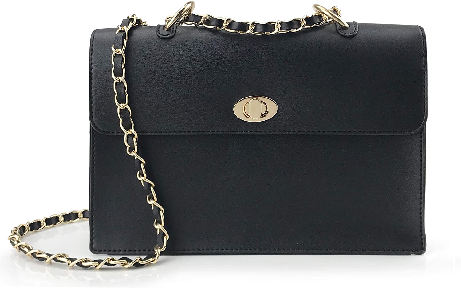 Price:$19.90    Women Chain Shoulder Handbag with Turn Lock Minimalist Flap Top Cross Body Bag Purse (Black)  Clothing