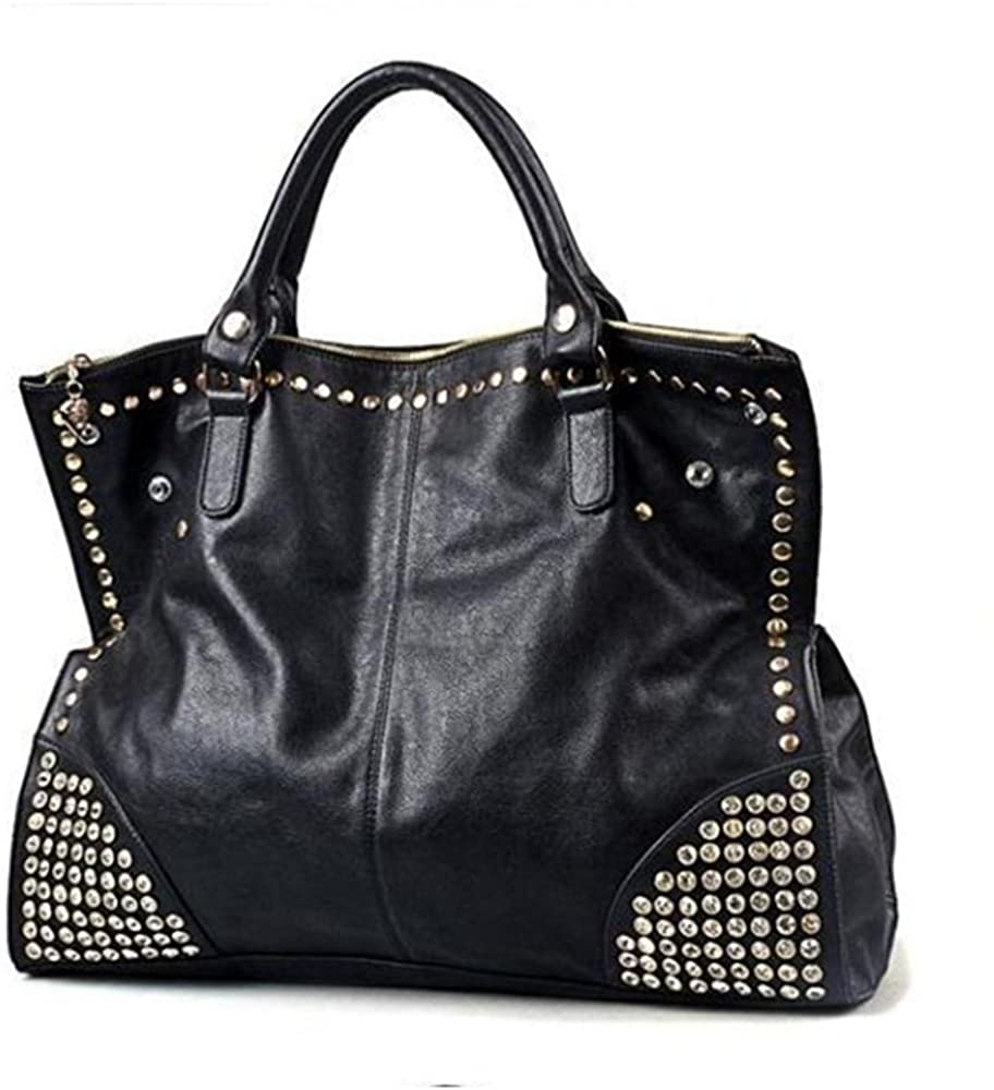 Price:$20.99    FiveloveTwo Women Top Handle Shoulder Bag Personality Punk Rivet Satchel Tote Purse Fashion Vintage Big Bag Black  Clothing