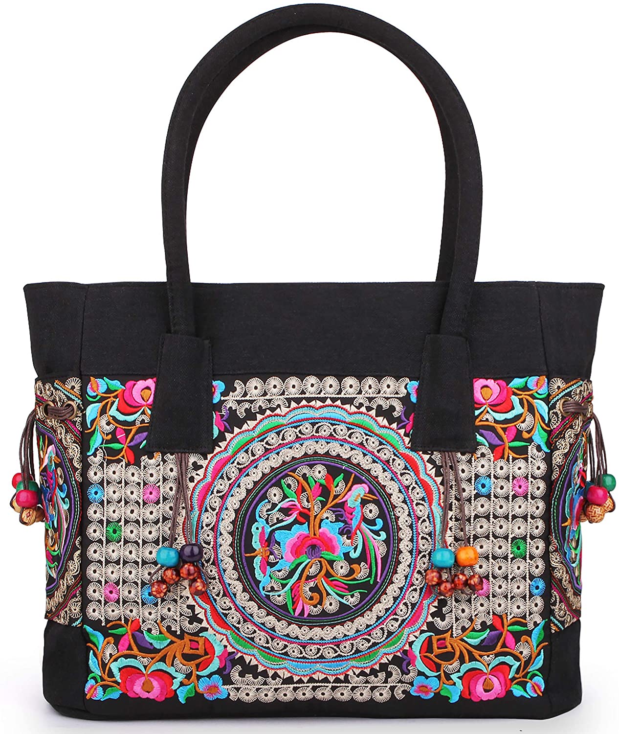Price:$25.92 Embroidered Canvas Top Handle Handbag, Ladies Casual Vintage Shoulder Bag Fashion Tassels Handbag (Golden Flower)  Handbags   