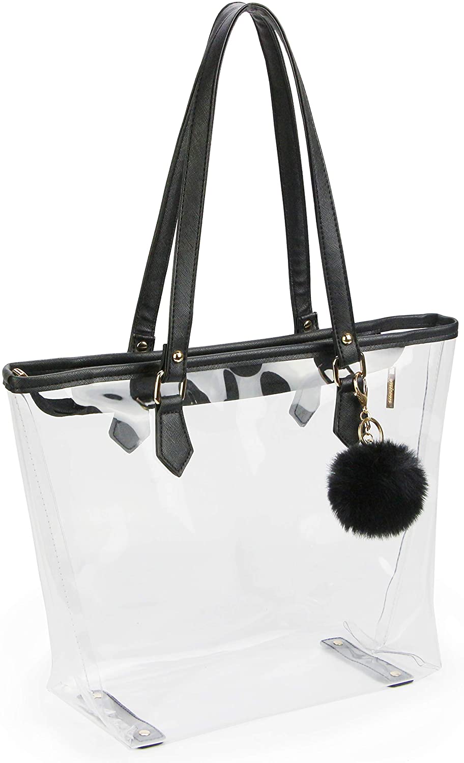 Price:$25.90 Large Clear Bag PVC Transparent Shoulder Handbag with Black Plush Pendant (Black 2)  Handbags   