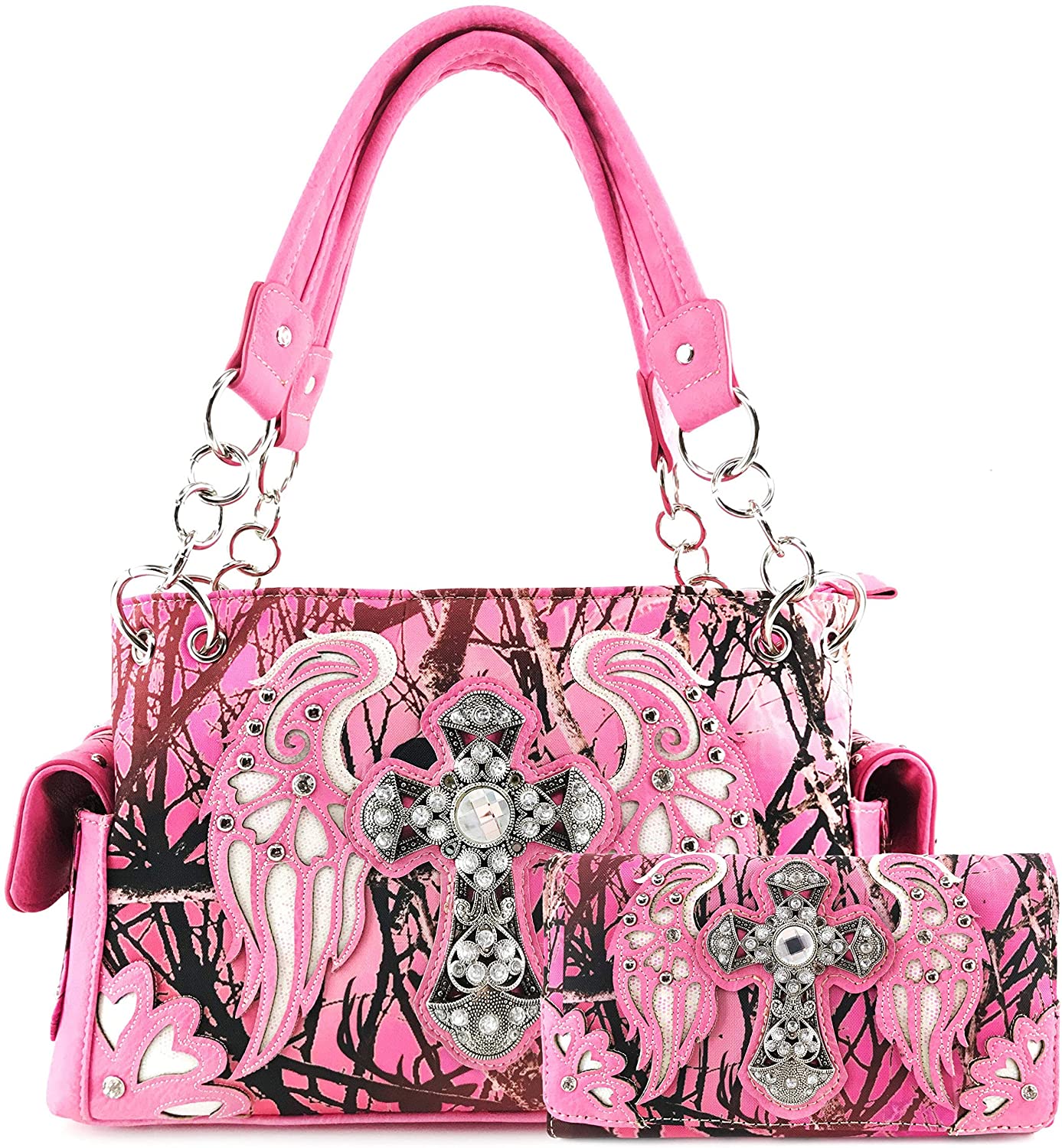 Price:$64.89 Zelris Camouflage Shine Glow Cross Wings Women Conceal Carry Handbag with Wallet (Rose)  Handbags   