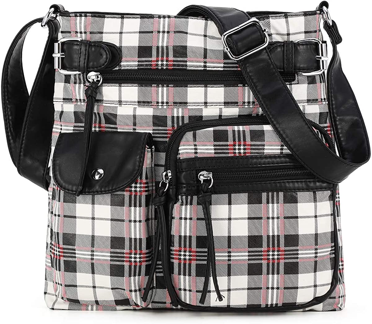 Price:$28.99 Multi Pocket Crossbody Bag for Women, Ultra Soft Washed Vegan Leather Shoulder Purse (3296L-G#31#8901#7WHITE BLACK)  Handbags   
