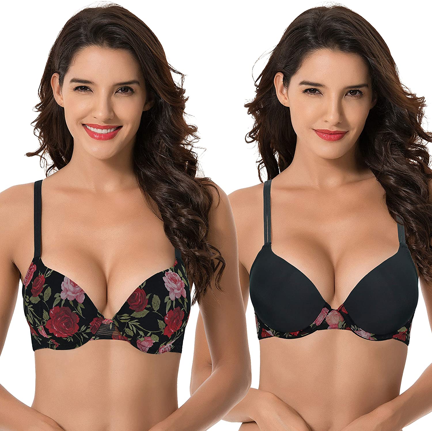 Price:$31.99 Curve Muse Women's Plus Size Perfect Shape Add 1 Cup Push Up Underwire Bras-2PK-BLACK Print, BLACK-36D at Amazon Women’s Clothing store