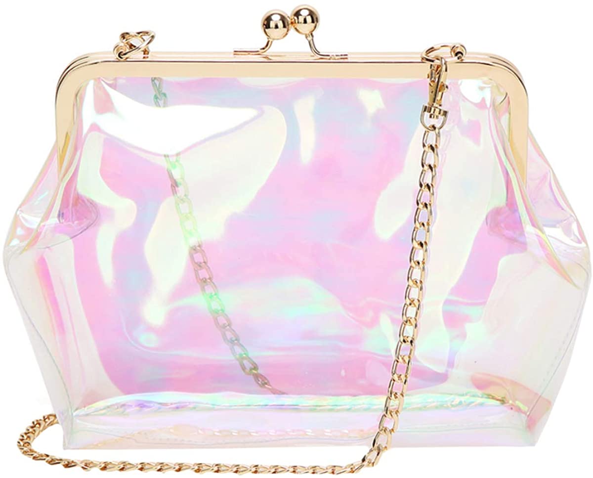 Price:$10.29 Monique Women Colorful Holographic Transparent Handbag Evening Clutch Mini Removable Chain Cross-body Bag Shoulder Bag Kiss Lock  Handbags   