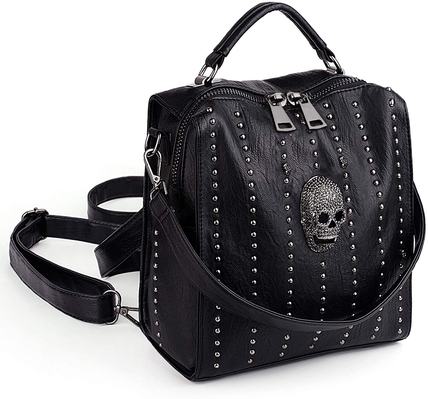 Price:$39.99    UTO Women Skull Backpack Rivet Studded 3 Ways Convertible Handbag PU Leather Purse Crossbody Shoulder Bags Large  Clothing