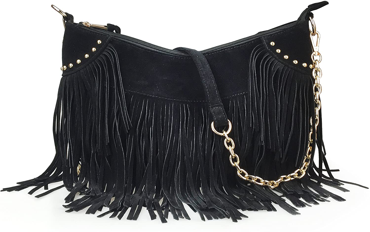 Price:$22.90    Hoxis Tassel Faux Suede Leather Hobo Cross Body Chain Shoulder Bag Women’s Satchel (Black)  Clothing