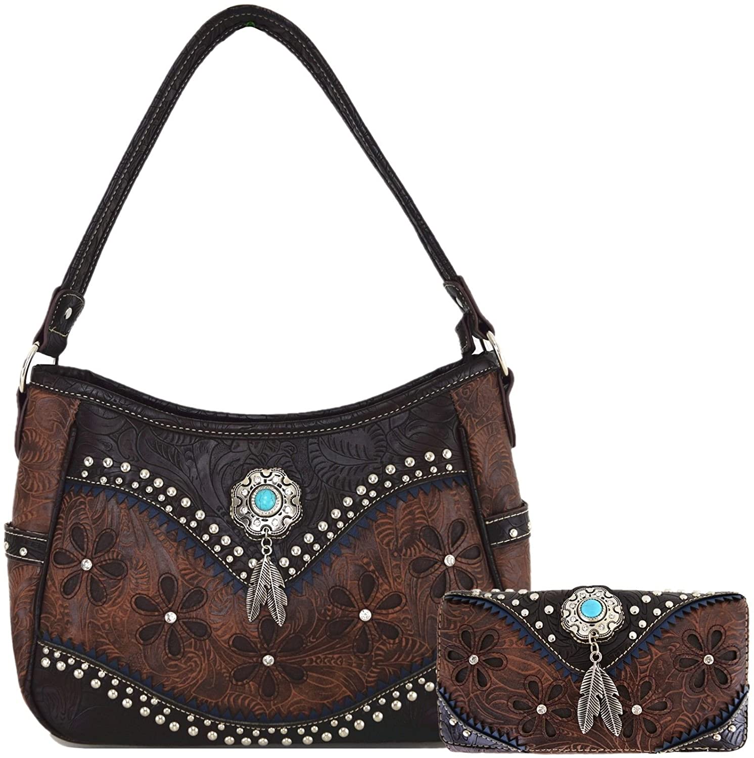 Price:$59.95 Tooled Leather Laser Cut Concealed Carry Purses Feather Country Western Handbags Shoulder Bags Wallet Set (Coffee 2)  Handbags   