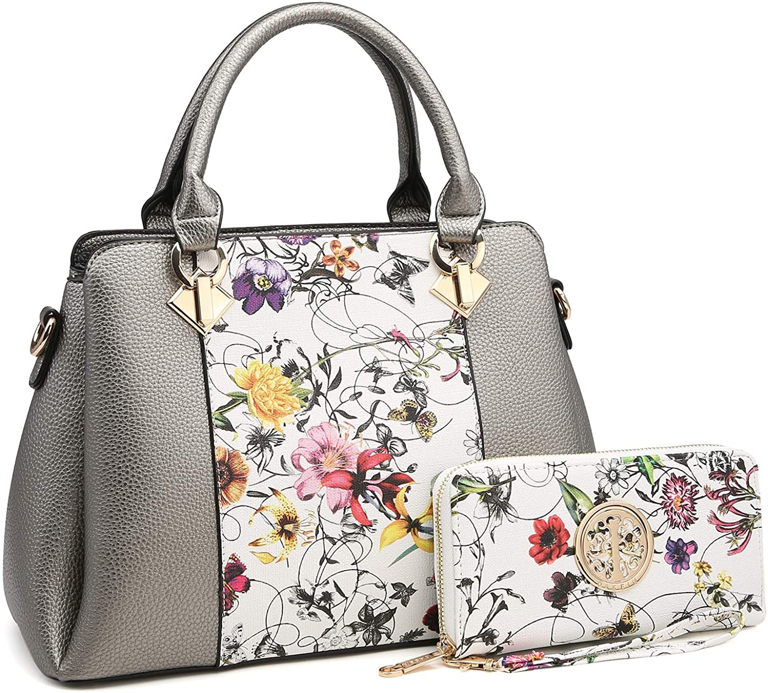 Price:$35.99    3 Compartments Handbags for Women Medium Shoulder Bags Tote Purse Top Handle Satchel with Matching Wallet (Silver White/Flower)  Clothing
