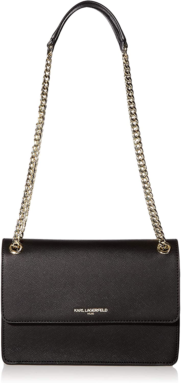 Price:$119.19 Karl Lagerfeld Paris Adjustable Flap Shoulder Bag, BLK/Gold  Handbags   