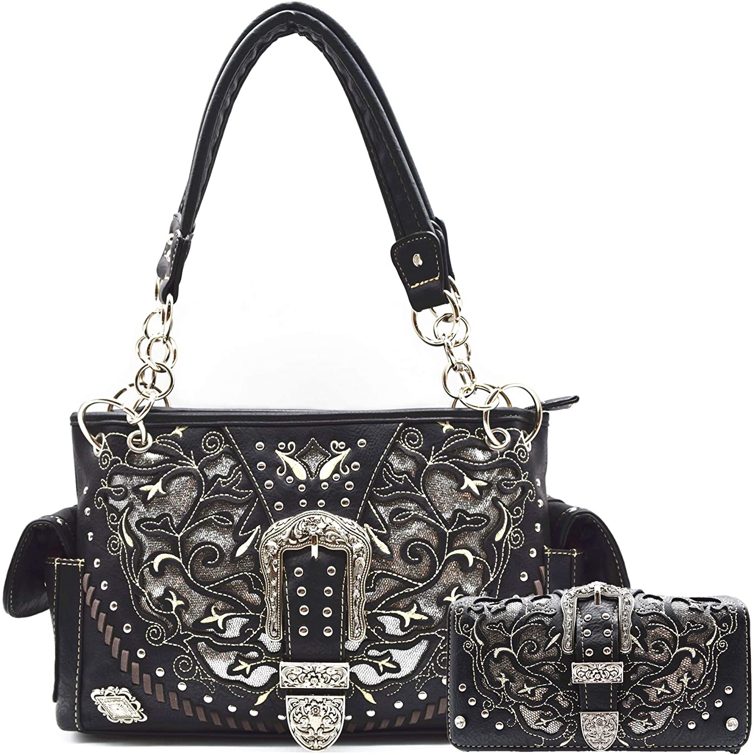 Price:$62.95 Silver Buckle Western Style Sequined Concealed Carry Purse Country Handbag Women Shoulder Bag Wallet Set (Black Set)  Handbags   