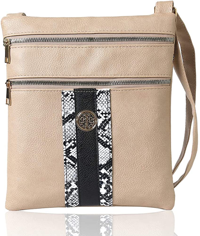 Price:$6.99 Crossbody Bag Multi Zipper Pocket Bag Snake Pattern Handbag Purse for Women Shoulder Bag (Snake Beige)  Handbags   