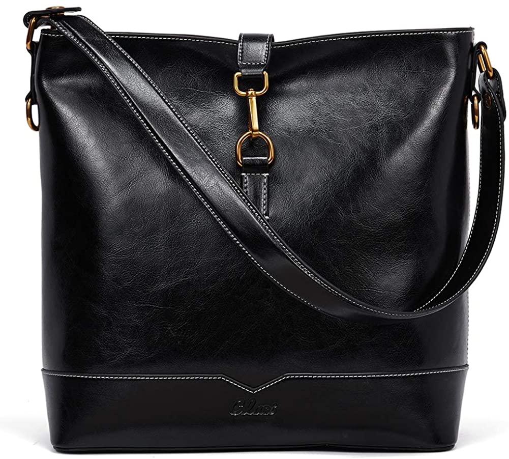 Price:$30.00    Handbags for Women Oil Wax Leather Purses Designer Bucket Tote Vintage Ladies Top Handle Fashion Shoulder Bag Black  Clothing