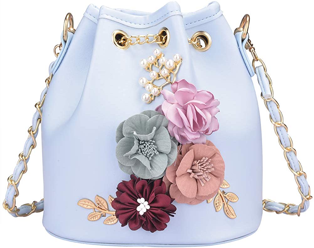 Price:$26.99 Women's PU Leather Flower Drawstring Bucket Bag Crossbody Bag Shoulder Bag Purse  Handbags   