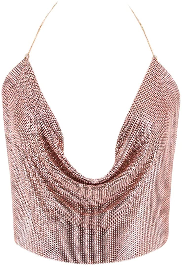 Price:$13.99 Naimo Women Sexy Shiny Chain Metal Sequin Blouse Vest Crop Top Sleeveless T-Shirt (Rose Gold#234) at Amazon Women’s Clothing store