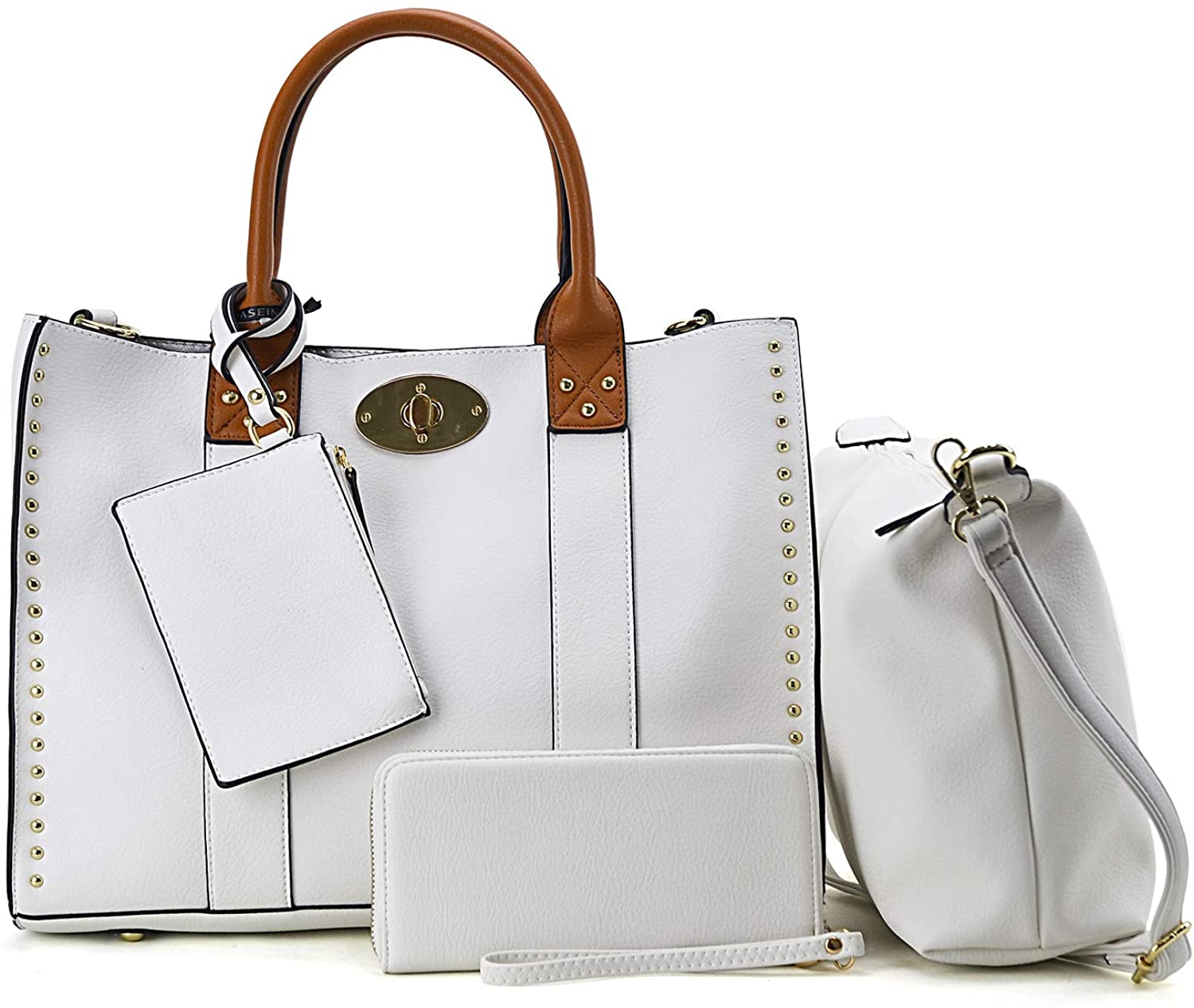 Price:$34.99    Women Tote Handbags Stud Top Handle Purse Satchel Shoulder Hobo Bag Wallet 4PCs Set, White  Clothing