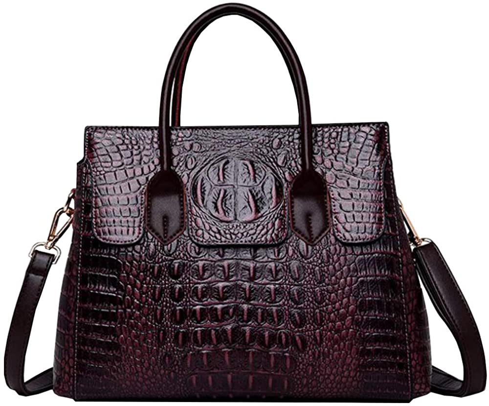 Price:$27.99    Women Satchel Handbags Top-Handle Bags fuax Leather Embossed Crocodile pattern shoulder bag, Purple-red, Large  Clothing