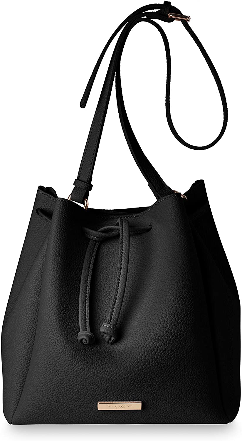 Price:$44.95 Katie Loxton X-Large Chloe Bucket Women's Vegan Leather Shoulder Drawstring Handbag Classic Black  Handbags   