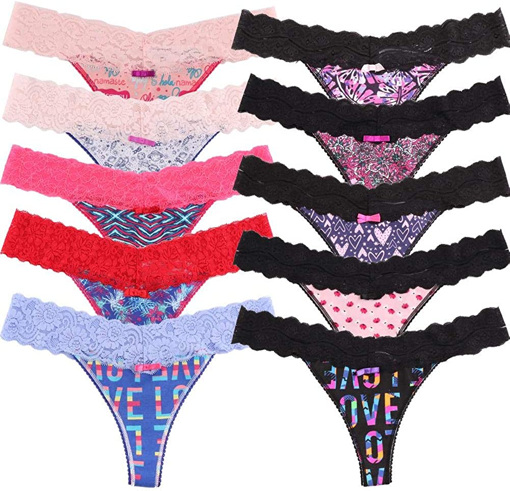 Price:$17.99    UWOCEKA Cotton Thongs for Women,Variety of Thong Lace Trim 10 Pack of Undies Panties Tanga  Clothing