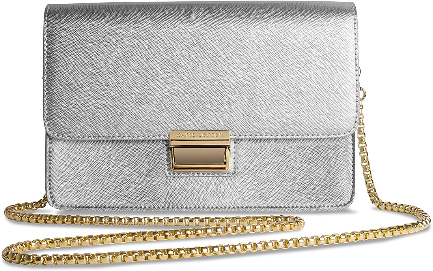 Price:$17.95 Katie Loxton Anya Box Bag Womens Vegan Leather Shoulder Handbag Purse Metallic Silver  Handbags   