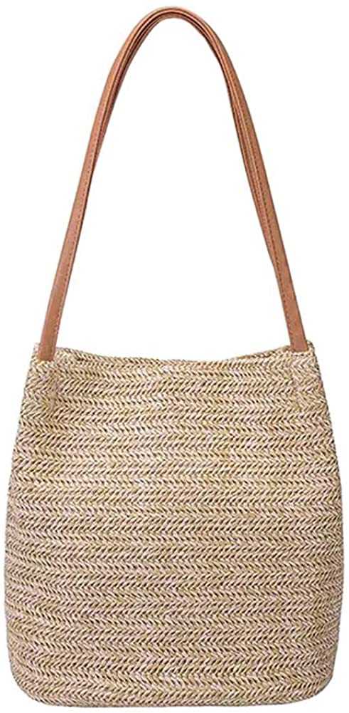 Price:$15.99    Aphoraeny Straw Beach Bag Buckets Totes Handbag Shoulder Bag Tote Bag Women Summer Handbag (Dark Beige)  Clothing