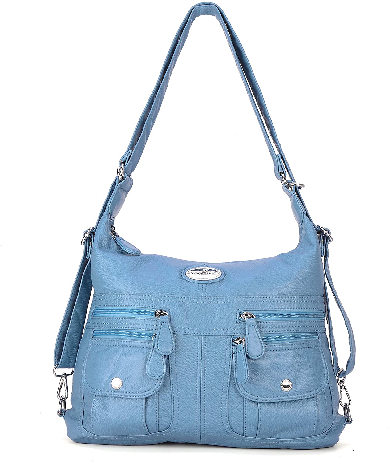 Price:$37.99 Angelkiss Design Handbags Womens Purse Feel Soft Lether Multiple Top Zipper Pockets Shoulder Bags Large (L-Blue)  Handbags   