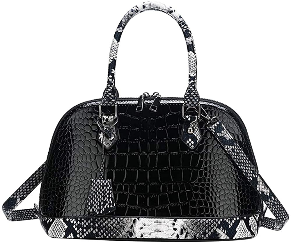 Price:$39.06 Danse Jupe Women Zip Around Dome Patent Leather Satchel Purse Crocodile&Snakeskin Pattern Top Handle Tote Bag Shell Shape Shoulder Crossbody Handbag Black  Handbags   