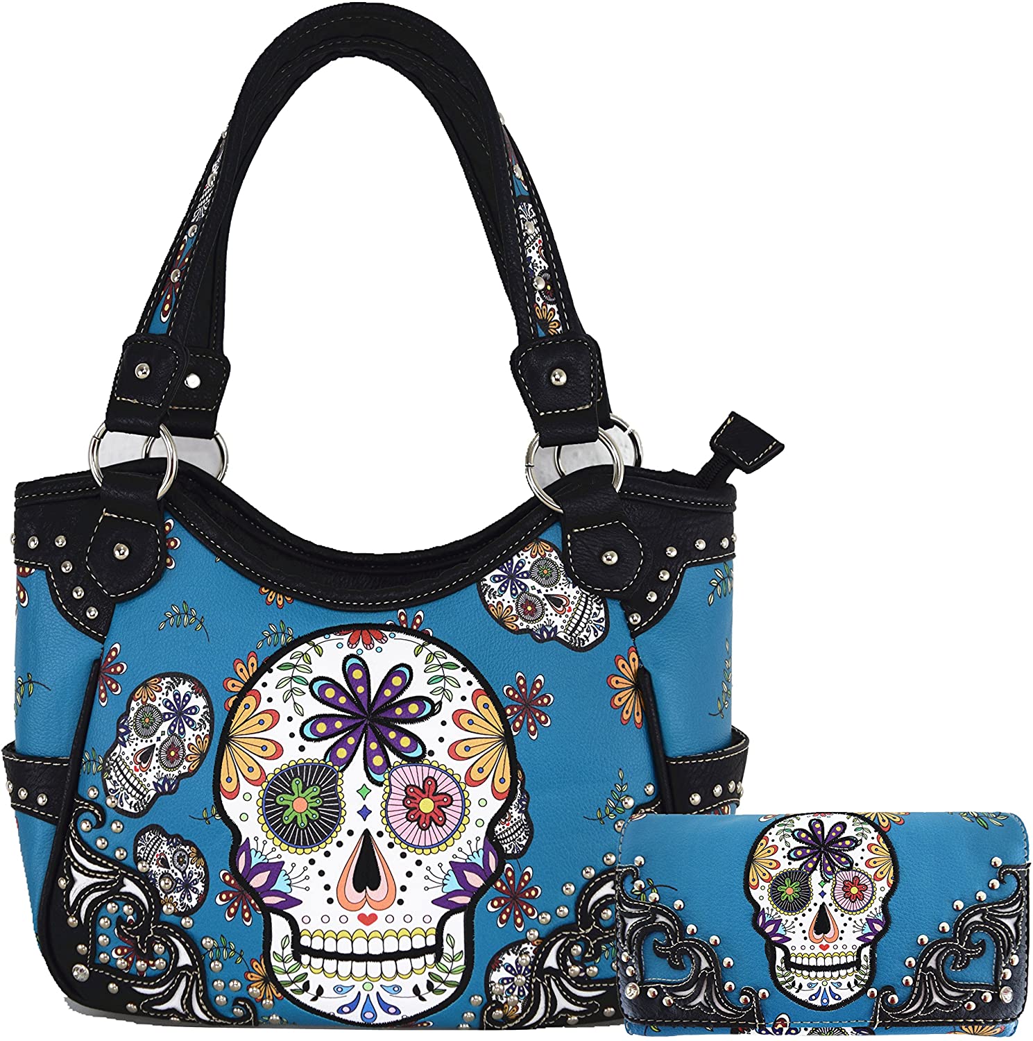 Price:$56.95 Western Concealed Carry Day of the Dead Sugar Skull Purse Handbag Messenger Shoulder Bag Wallet Set Turq  Handbags   