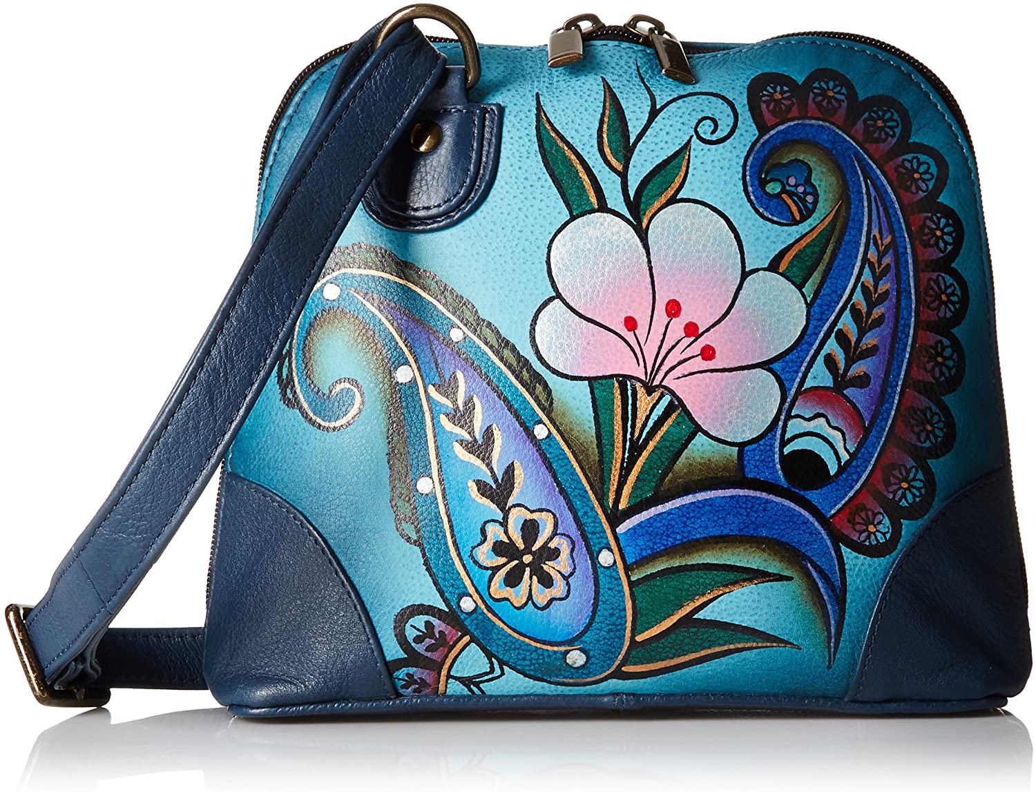 Price:$89.00    Anna by Anuschka Leather Small Multi Compartment Zip-Around Organizer, Denim Paisley Floral  Clothing