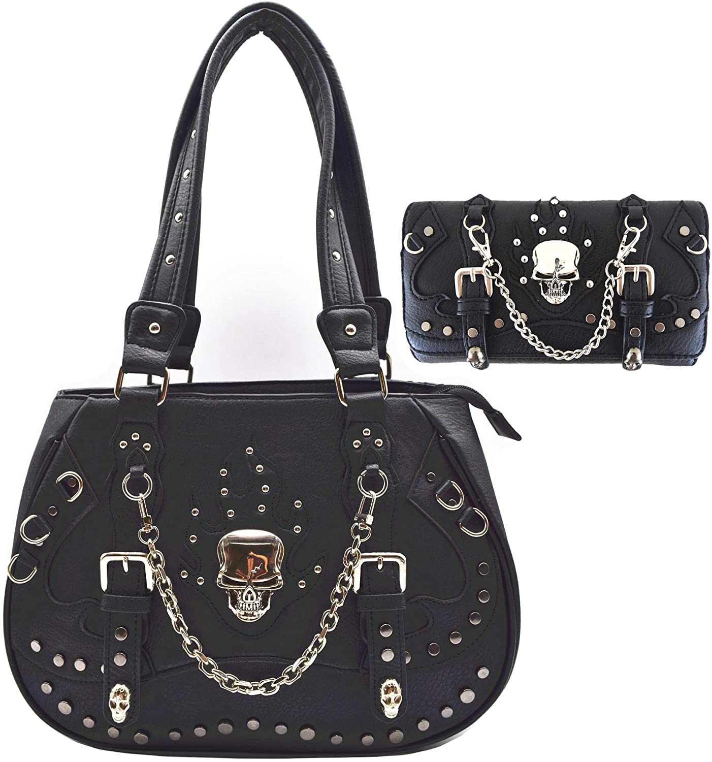Price:$59.95    Punk Gothic Skull Studded Chain Crossbody Handbag Concealed Carry Purse Women Shoulder Bag Wallet Black  Clothing