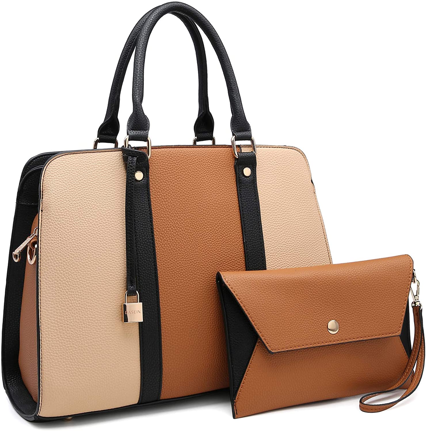 Price:$35.99    Women Medium Two Tone Satchel Bags Summer Handbags Shoulder Purses Tote Bag Top Handle Work Bags W/Padlock and Matching Wristlet (Brown/Beige)  Clothing