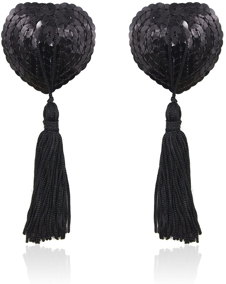 Price:$9.99 Reusable Heart Style Sequin Sexy Women Tassels Nipple Concealers Sticker Pasties Covers Pads at Amazon Women’s Clothing store