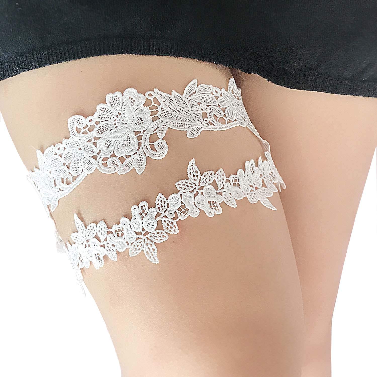 Price:$9.99    Asooll Women's Wedding Garter Set Lace Garters Belt Bride Leg Foot Ring Stretch Prom for Bride and Bridesmaid (White)  Clothing