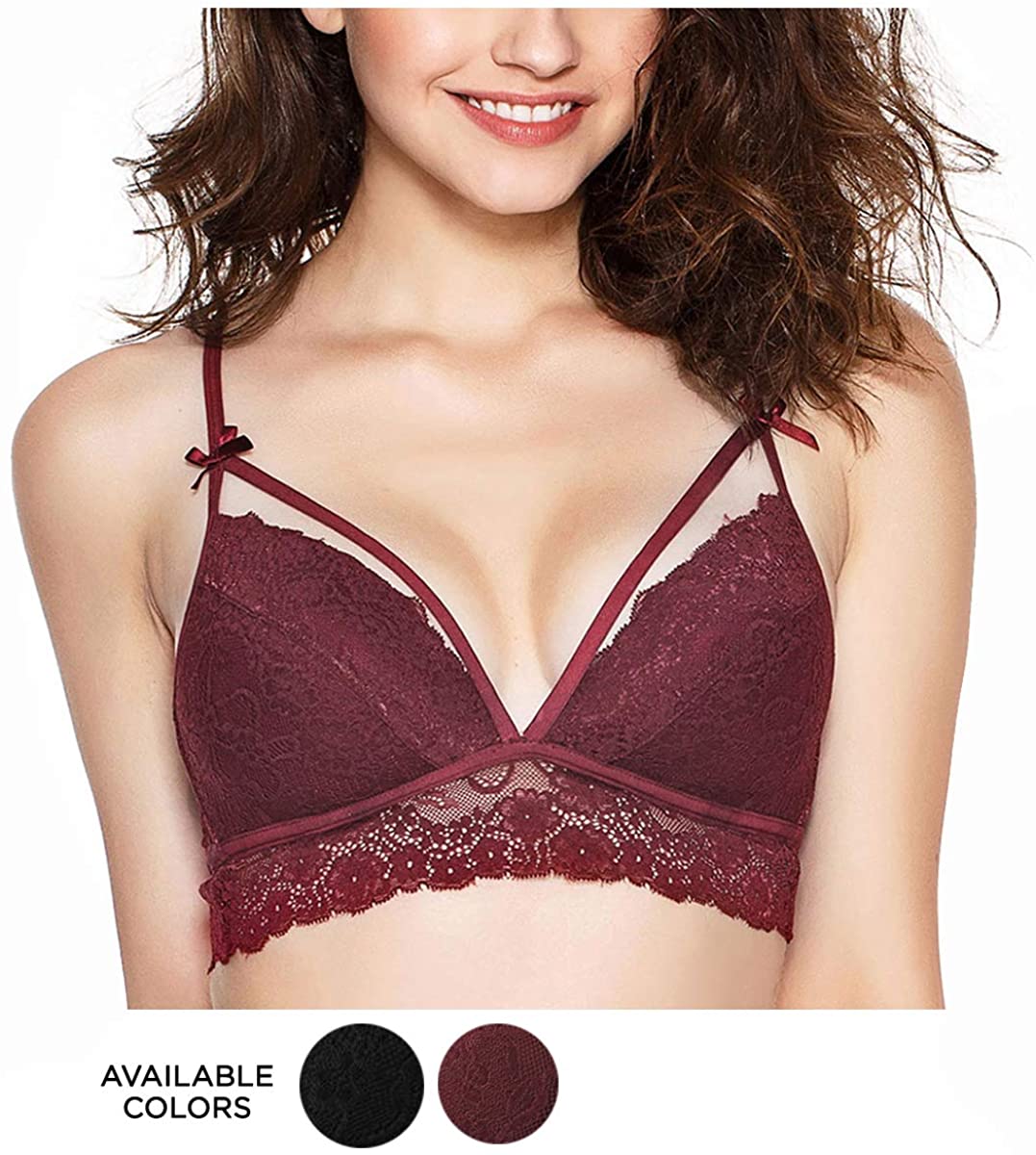 Price:$39.00 Eve's temptation Ada Floral Lace Wireless Bras for Women Wirefree Deep V Sleep Comfy Light Bralette at Amazon Women’s Clothing store