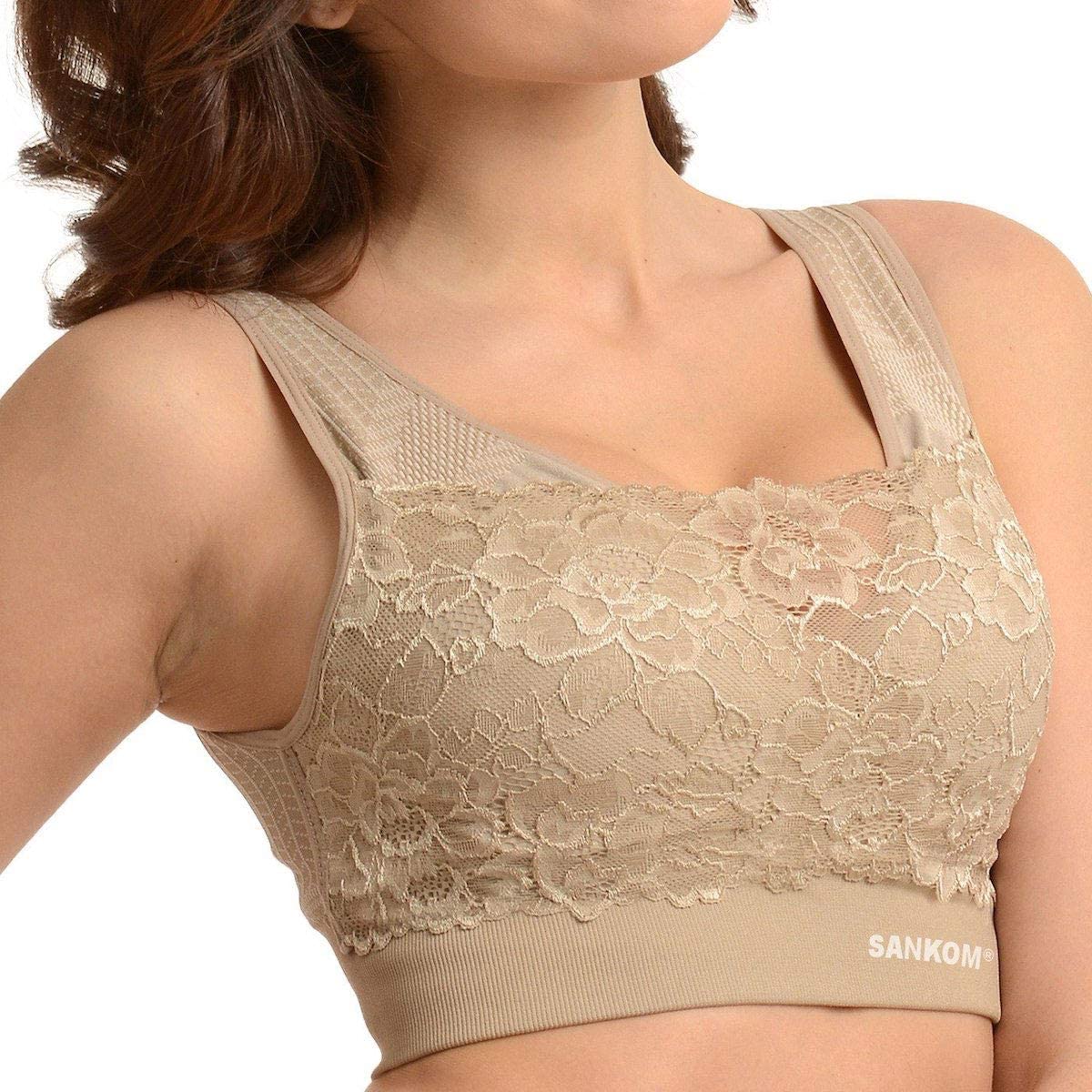 Price:$46.99 SANKOM Classic Support & Posture Lace Bra Everyday Sports Women Back Support Compression Comfort (Black/White/Pink/Beige) at Amazon Women’s Clothing store