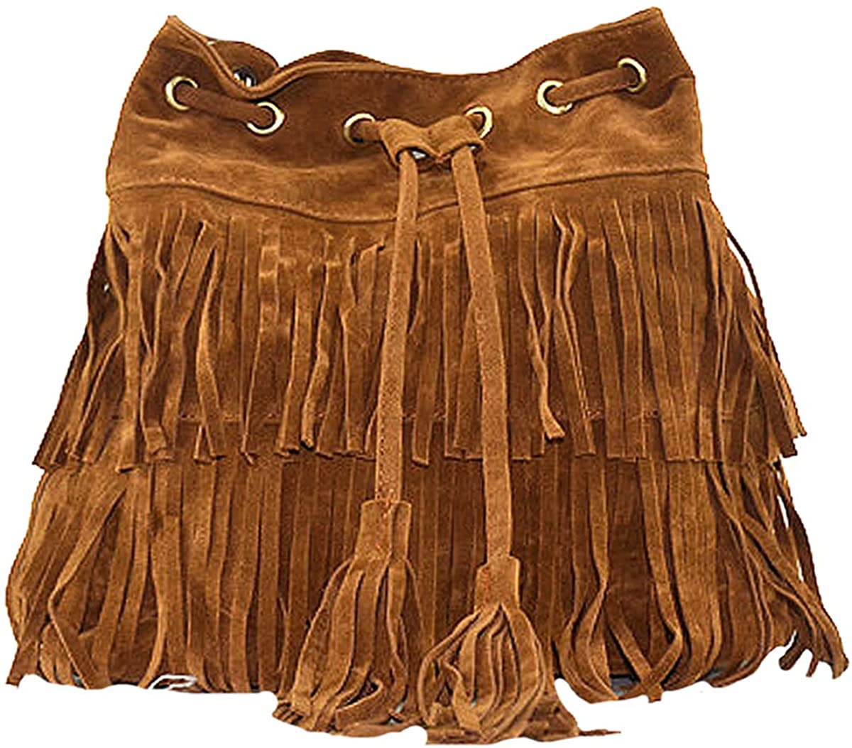 Price:$23.99 Heidi Women's Fringed Bucket Purse Tassel Faux Suede Shoulder Bag Ring Top-Handle Crossbody Bag (brown)  Handbags   