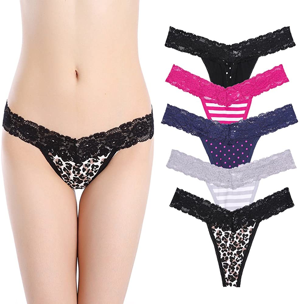 Price:$13.66    5-Pack Women's Lace Stitching Cotton Thongs Low Waist Leopard Print T-Back Panties  Clothing