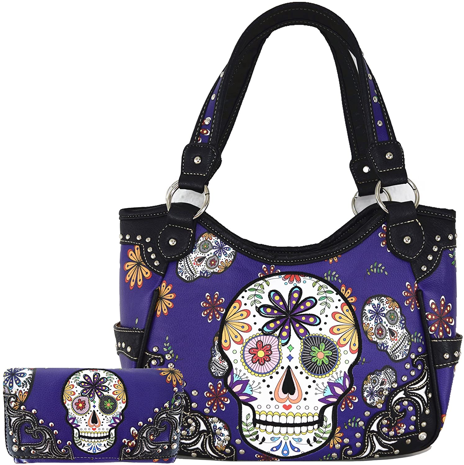 Price:$59.95 Sugar Skull Day of the Dead Purses Concealed Carry Handbags Western Women Shoulder Bag Wallet Set Purple, Large  Handbags   