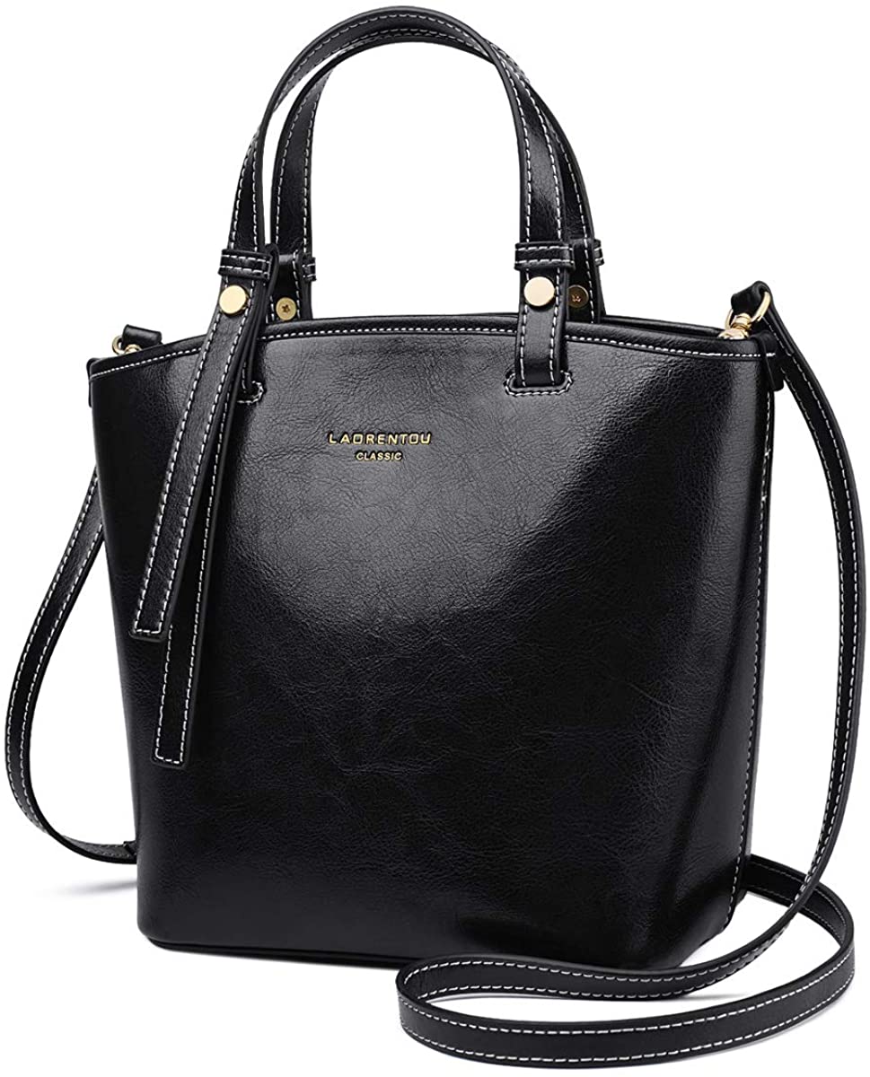Price:$59.99 LAORENTOU Shoulder Bags Handbags for Women Genuine Leather Crossbody Bag Bucket Purse Top Handle Wide strap (Black)  Handbags   