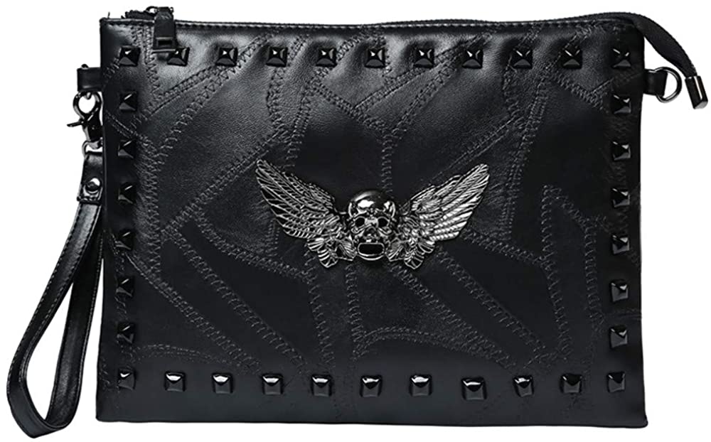 Price:$7.99    Downupdown Rivet Skull Wings Handmade Handbag Bag Women PU Leather Skull Tote Shoulder Bag Messenger Black Satchel  Clothing
