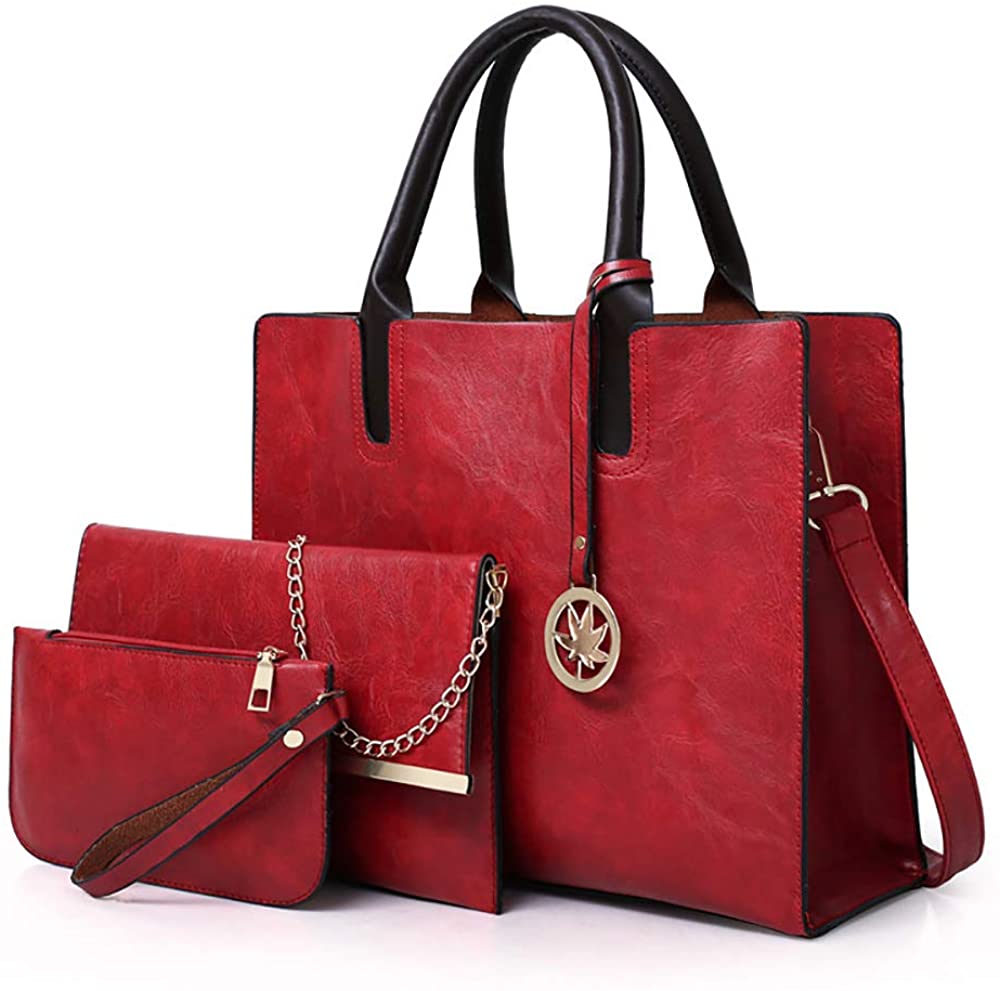 Price:$23.99    Women Handbags Sets 3 Pcs Large Capacity Handbag Chain Shoulder Bag Clutch Wrist Purse, Red  Clothing
